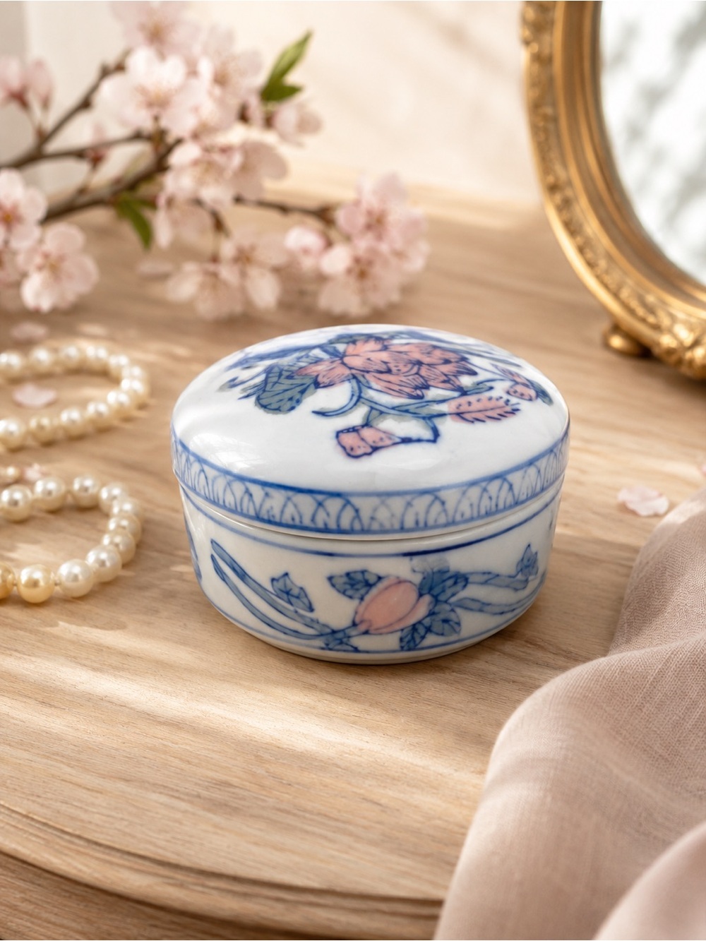 Vintage Chinese Porcelain Trinket Box Lotus Butterfly Chinoiserie Jewelry Box